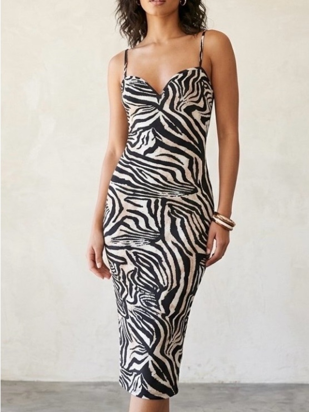 Boohoo Black and Cream Zebra-Print Midi Slip Dress